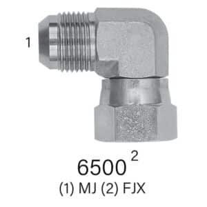 MJIC to FJX (Female JIC Swivel) Hydraulic Adapter, Series 6500 90° Street Elbow, Sizes #4-#24