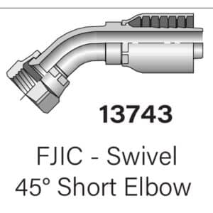 Heavy Duty Parker Series 13743 FJIC Swivel to Hydraulic Hose 45° Short Elbow - Size #4-#20