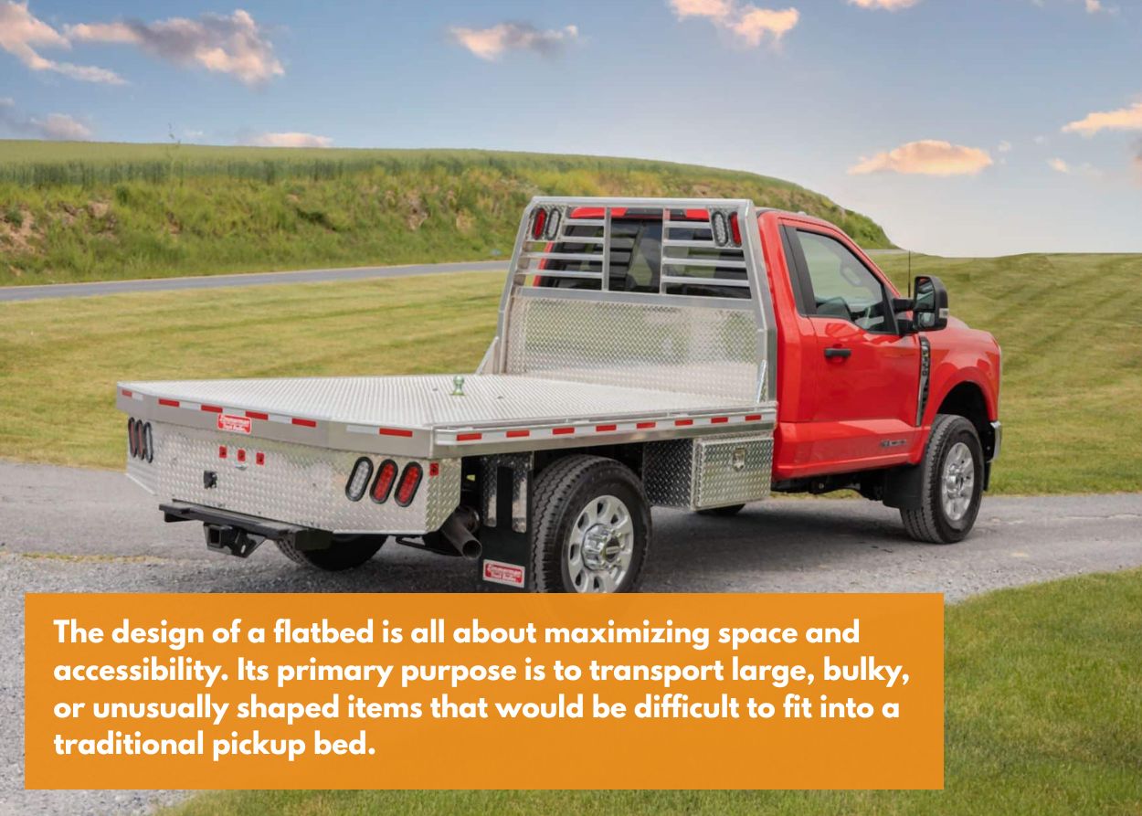 Red truck with a flatbed body. Caption: The design of a flatbed is all about maximizing space and accessibility. Its primary purpose is to transport large, bulky, or unusually shaped items that would be difficult to fit into a traditional pickup bed.
