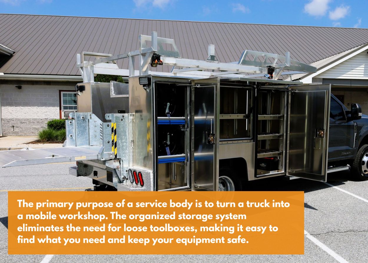 A truck with a utility truck body with multiple storages. Caption: The primary purpose of a service body is to turn a truck into a mobile workshop. The organized storage system eliminates the need for loose toolboxes, making it easy to find what you need and keep your equipment safe.