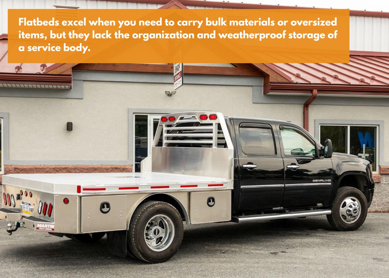 Black truck with a service truck body. Caption: Flatbeds excel when you need to carry bulk materials or oversized items. Still, they lack the organization and weatherproof storage of a service body.