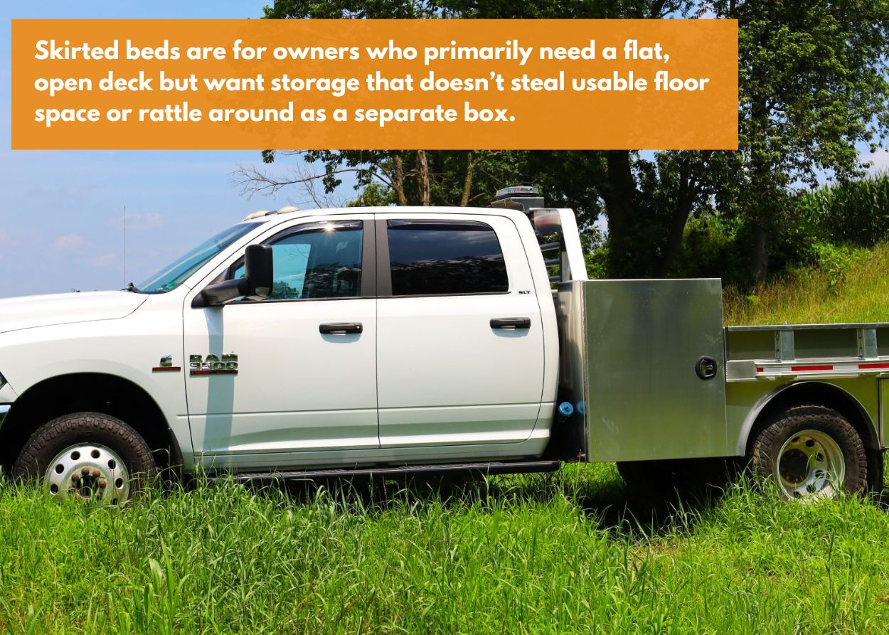 White truck with a utility flatbed. Caption: Skirted beds are for owners who primarily need a flat, open deck but want storage that doesn’t steal usable floor space or rattle around as a separate box.