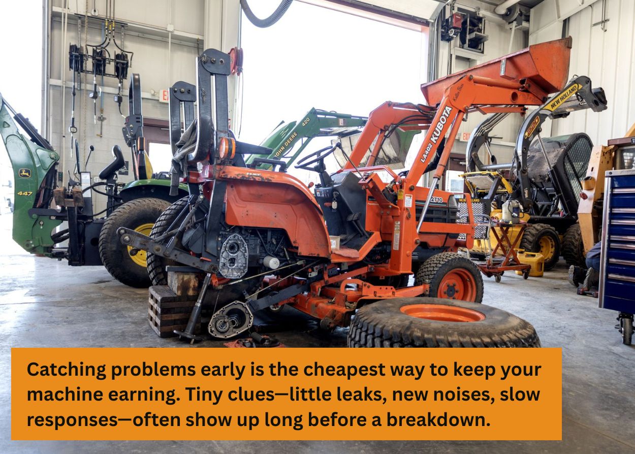 Orange compact tractor with a missing wheel undergoing repairs inside a well-lit workshop, surrounded by other green and yellow farm machines. Caption: Catching problems early is the cheapest way to keep your machine earning. Tiny clues—little leaks, new noises, slow responses—often show up long before a breakdown.