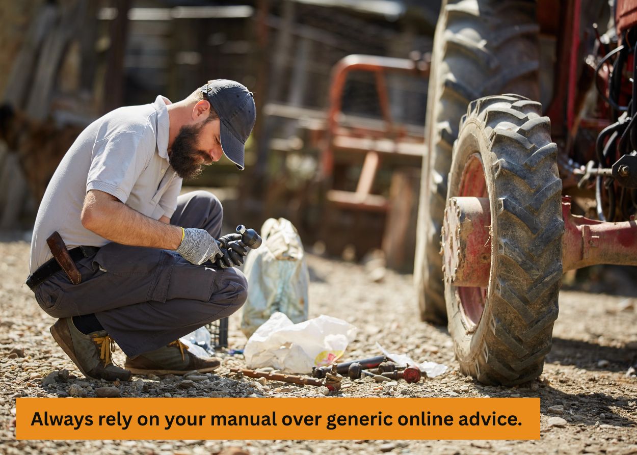 Mechanic kneeling beside a tractor outdoors, inspecting a part and using hand tools while surrounded by repair equipment and tractor tires. Caption: Always rely on your manual over generic online advice.