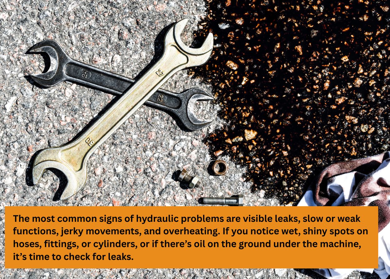 Hydraulic tools and fittings on pavement showing signs of hydraulic system repair and maintenance. Caption: The most common signs of hydraulic problems are visible leaks, slow or weak functions, jerky movements, and overheating. If you notice wet, shiny spots on hoses, fittings, or cylinders, or if there’s oil on the ground under the machine, it’s time to check for leaks.