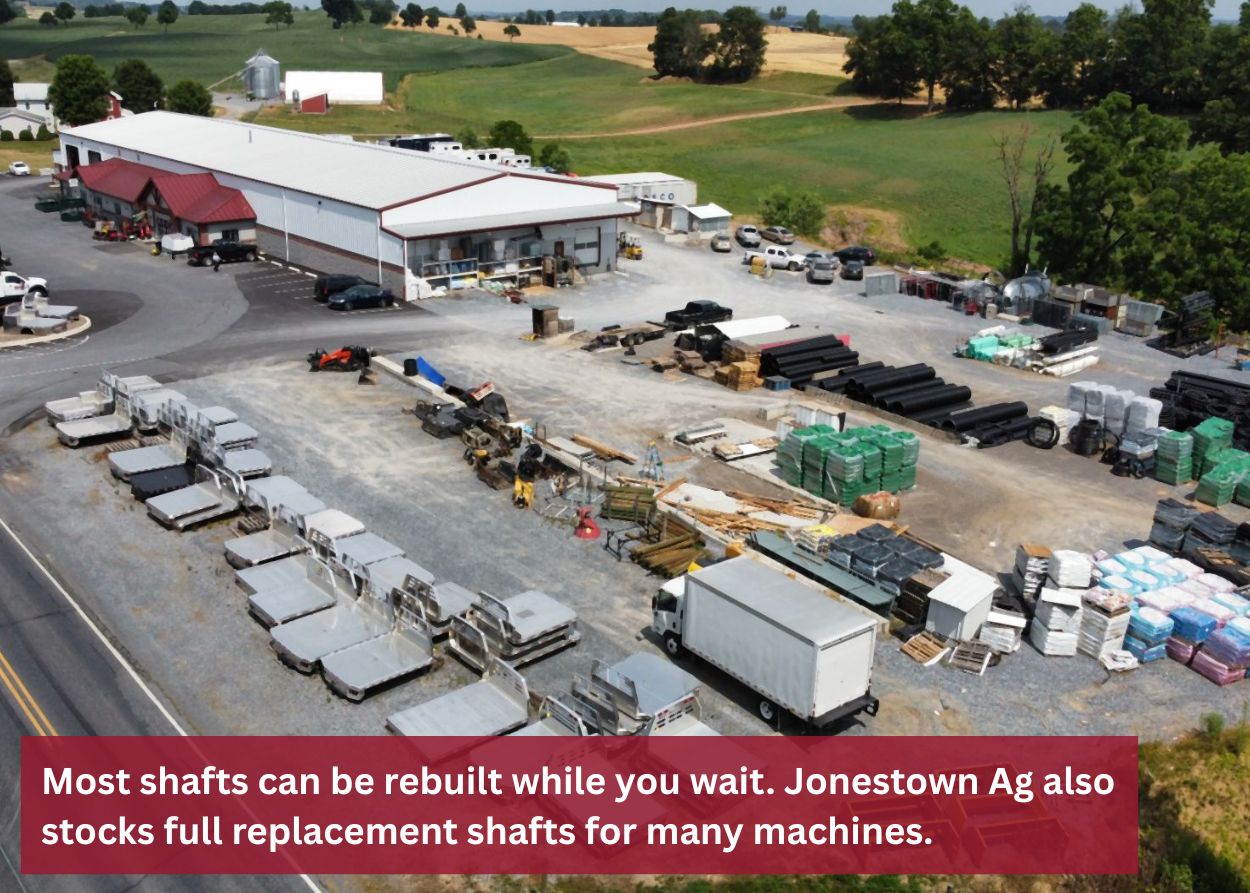 Aerial view of farm supply yard with full inventory of PTO shafts, trailers, and agricultural equipment ready for repair and replacement needs.