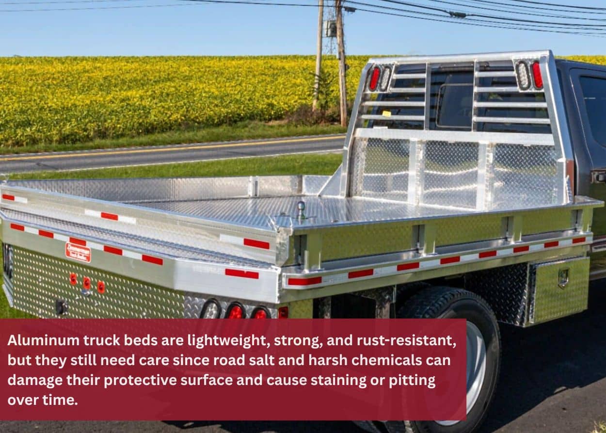 Aluminum flatbed truck parked roadside with polished metal surface, showing typical dirt buildup from regular use